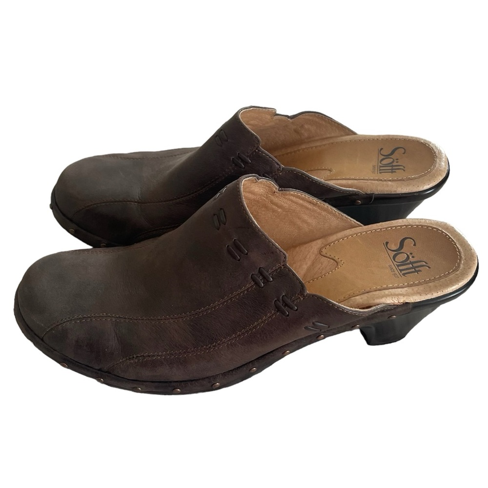 NWOB Sofft  Dark Brown Distressed Leather Slip On Clogs 3" Heel Super Comfy Sz 8